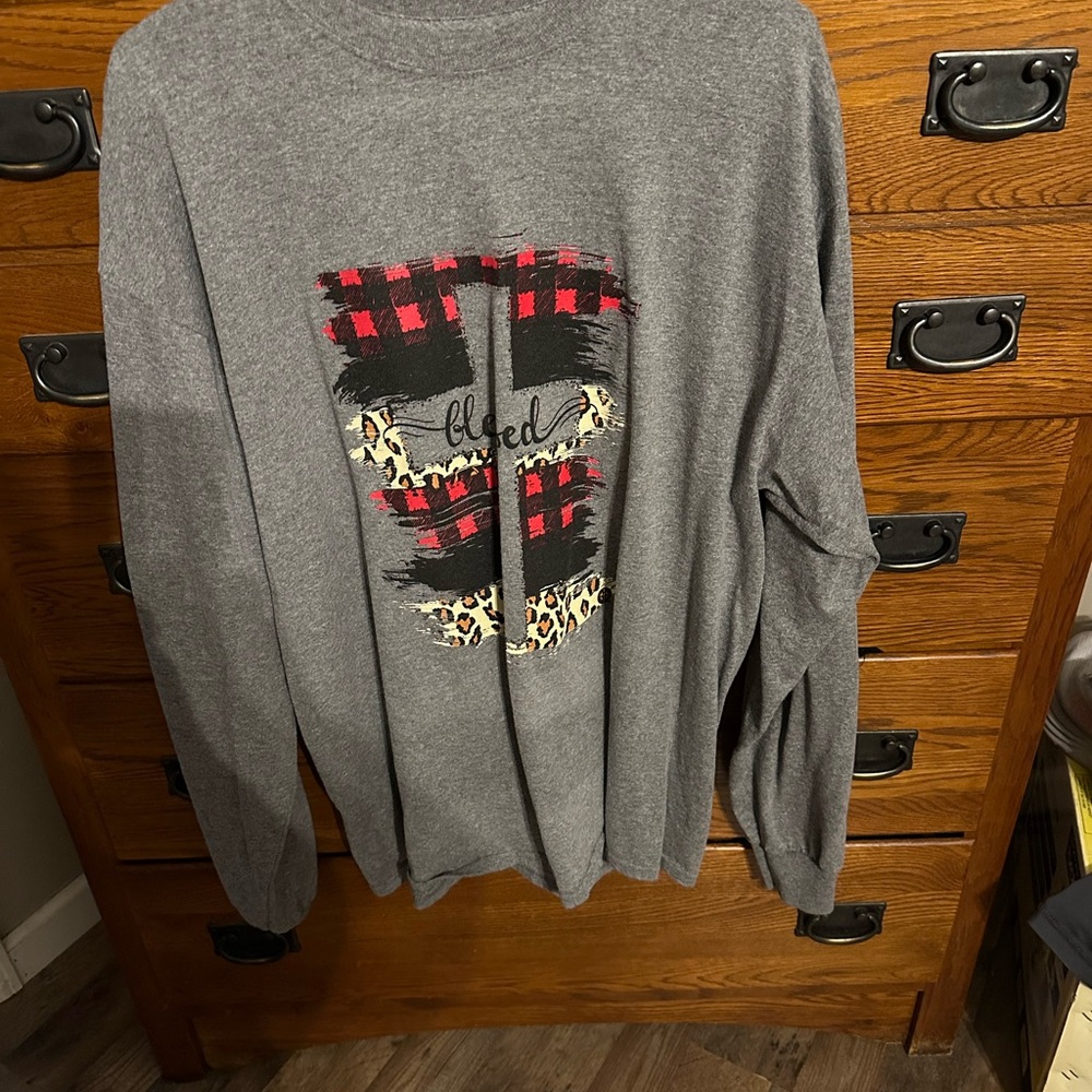 Gray Long Sleeve Top with Plaid and Leopard Print